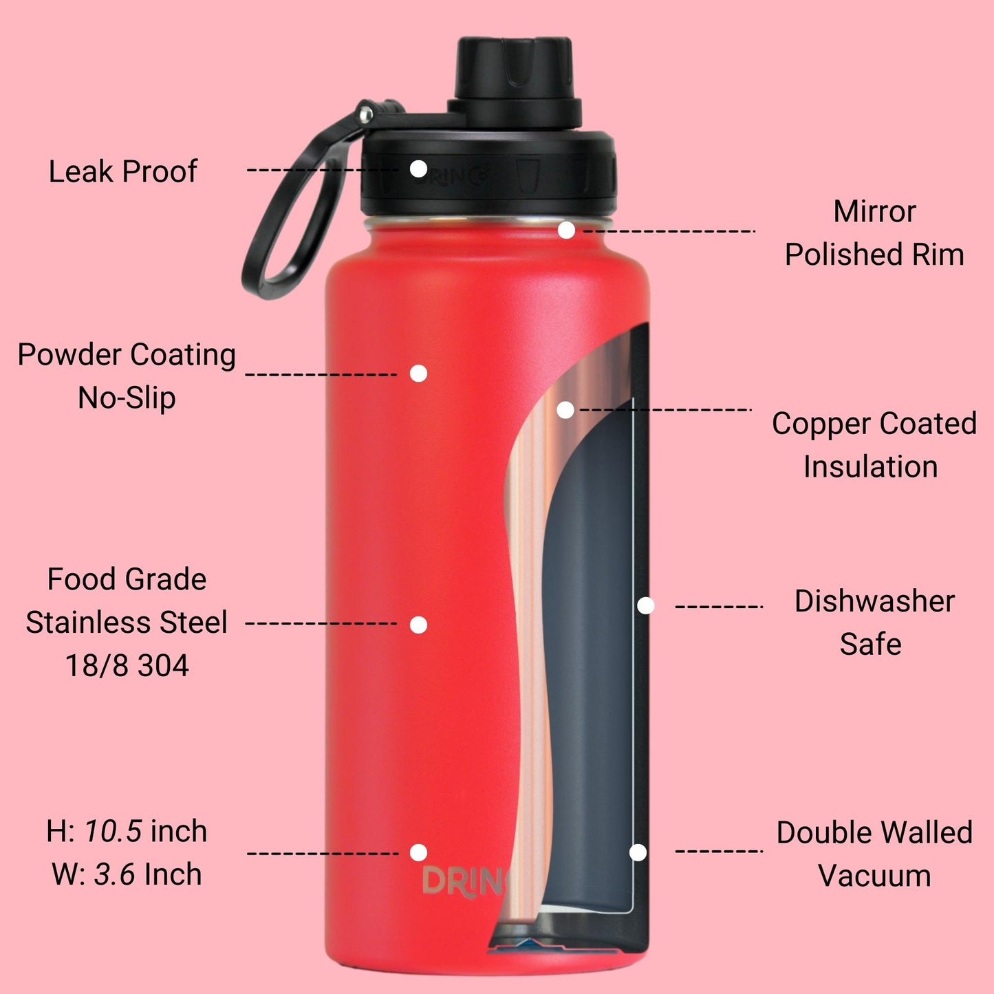 DRINCO® 32oz Stainless Steel Water Bottle - Barn Red